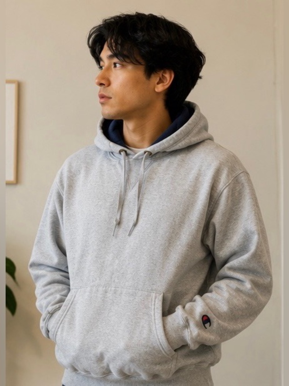 Champion Light Gray Pullover Hoodie with Navy Liner